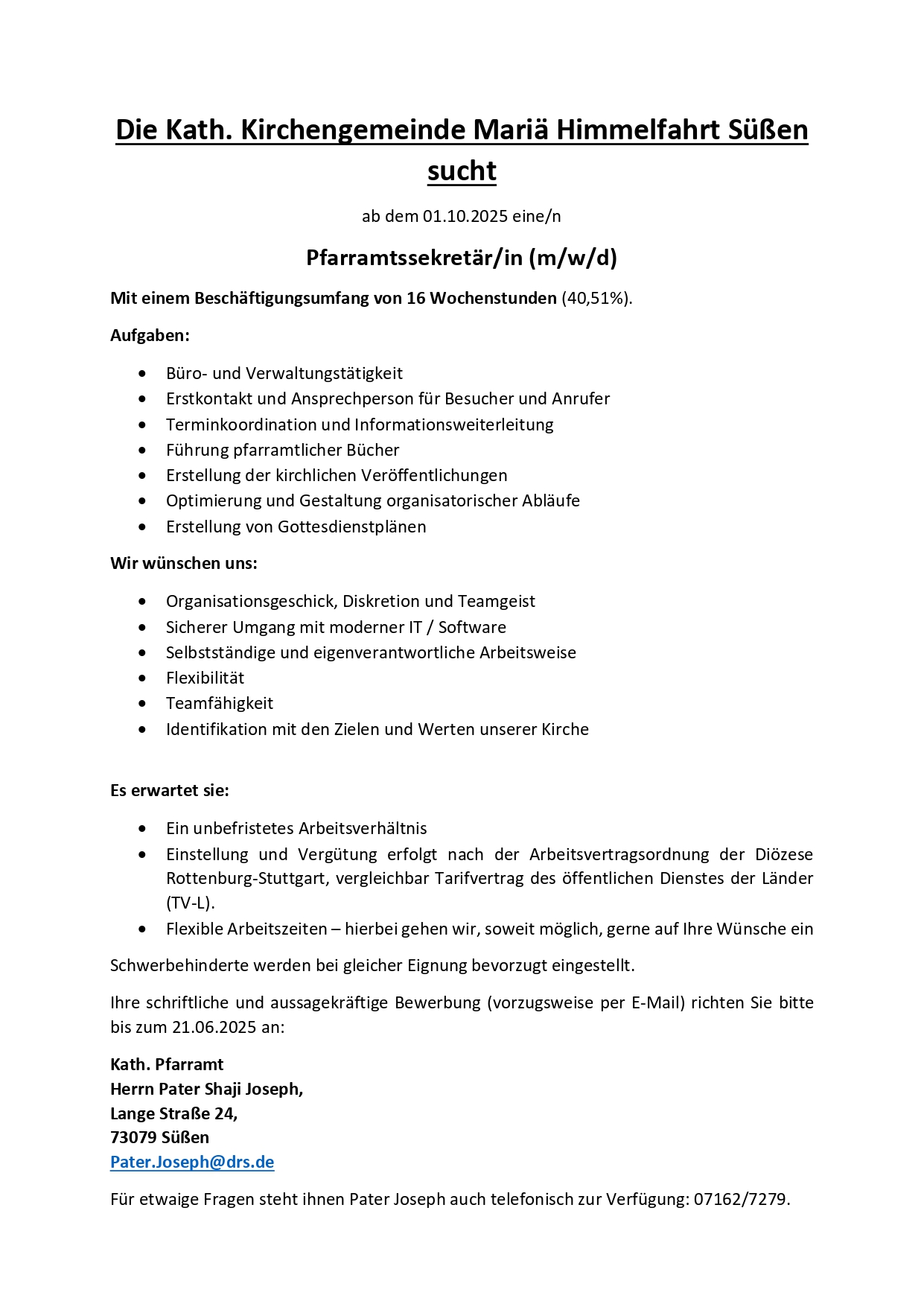 Stellenausschreibung Süßen